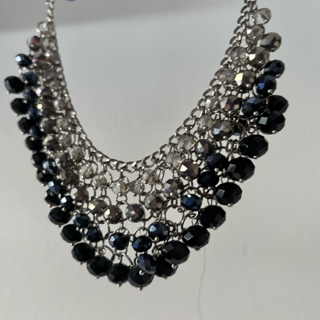 Ali Khan New York Navy Blue Silver Statement Necklace Beaded Dangle Layered